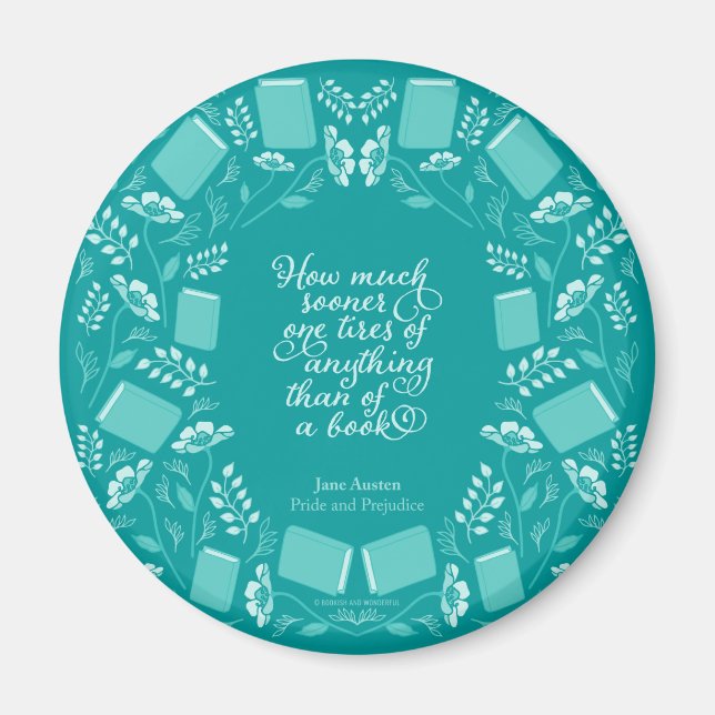 Teal Floral Book Quote Jane Austen Magnet (Front)