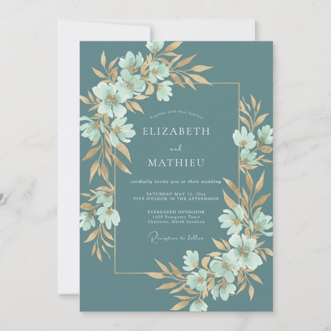 Teal Floral Botanical Wedding Invitation (Front)