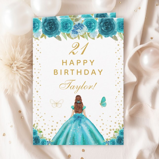 Teal Floral Brown Hair Girl Happy Birthday Card (Creator Uploaded)