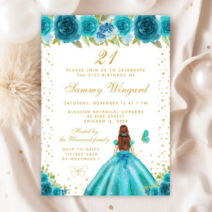Teal Floral Brown Hair Princess Birthday Party Invitation