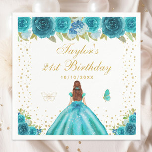 Teal Floral Brown Hair Princess Birthday Party Napkin