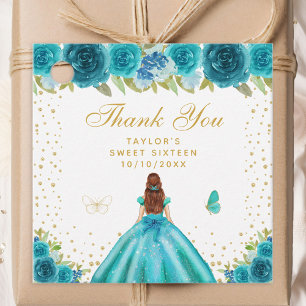 Teal Floral Brown Hair Princess Sweet Sixteen Favour Tags