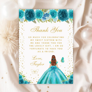 Teal Floral Brown Hair Princess Sweet Sixteen Thank You Card