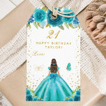 Teal Floral Brunette Hair Girl Happy Birthday Gift Tags<br><div class="desc">This elegant and glamourous happy birthday gift tag can be personalised with a name. The design features a beautiful princess with brunette hair and fair skin in a teal blue ball gown. The text combines handwritten script and modern sans serif fonts for a classy and sophisticated look. The floral arrangements,...</div>