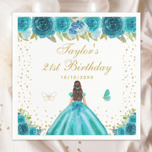 Teal Floral Brunette Hair Princess Birthday Party Napkin (Creator Uploaded)