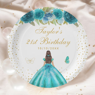 Teal Floral Brunette Hair Princess Birthday Party Paper Plate