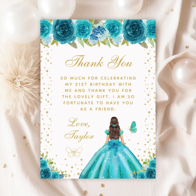 Teal Floral Brunette Hair Princess Birthday Party Thank You Card (Creator Uploaded)
