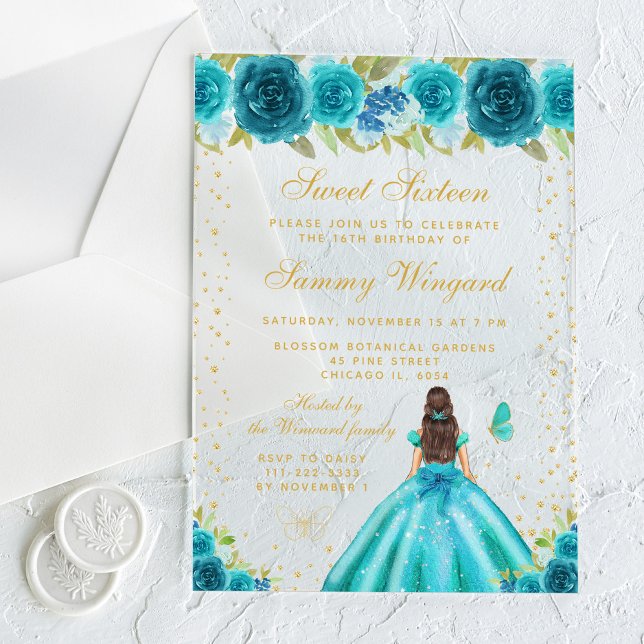 Teal Floral Brunette Hair Princess Sweet Sixteen Acrylic Invitations (Creator Uploaded)