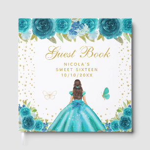 Teal Floral Brunette Hair Princess Sweet Sixteen Guest Book