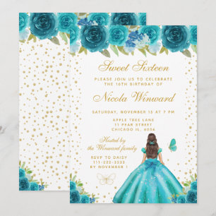 Teal Floral Brunette Hair Princess Sweet Sixteen Invitation