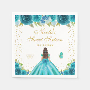 Teal Floral Brunette Hair Princess Sweet Sixteen Napkin