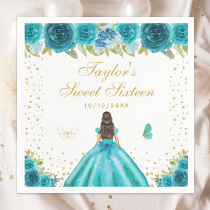 Teal Floral Brunette Hair Princess Sweet Sixteen Napkin