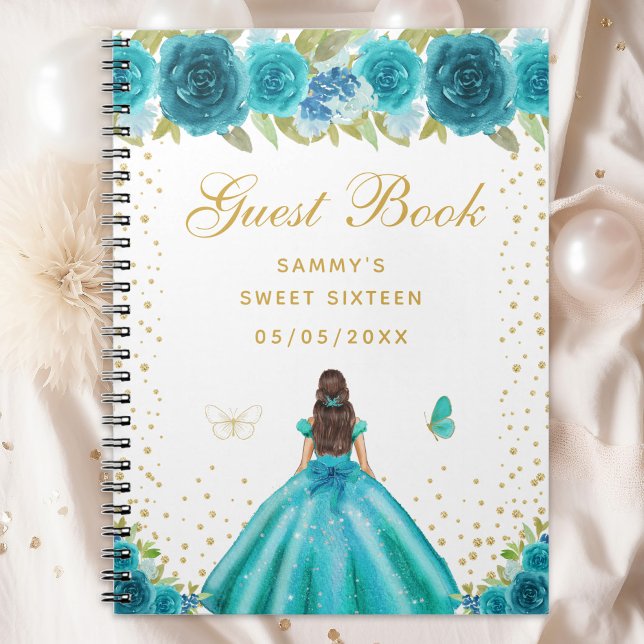 Teal Floral Brunette Hair Princess Sweet Sixteen Notebook (Creator Uploaded)