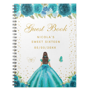 Teal Floral Brunette Hair Princess Sweet Sixteen Notebook