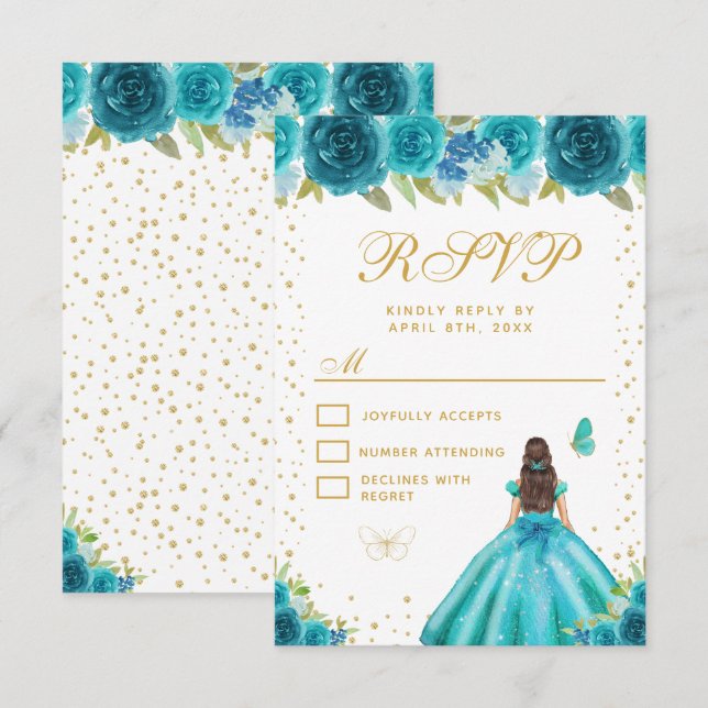 Teal Floral Brunette Hair Princess Sweet Sixteen RSVP Card (Front/Back)