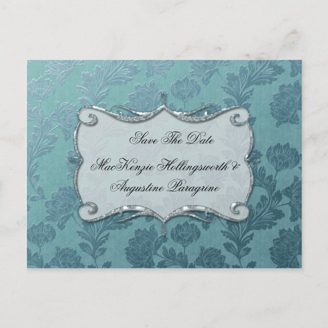 Teal Floral Damask Save The Date Announcement Postcard (Front)