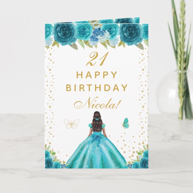 Teal Floral Dark Skin Girl Birthday Card (Front)
