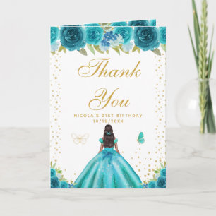 Teal Floral Dark Skin Girl Birthday Thank You Card