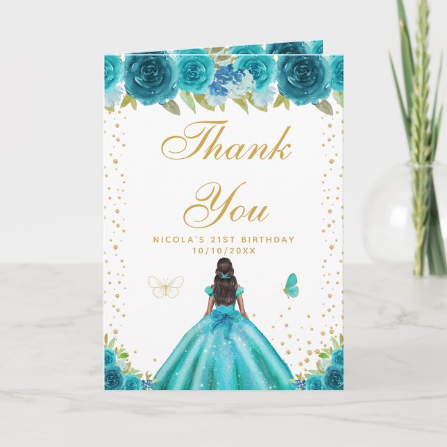 Teal Floral Dark Skin Girl Birthday Thank You Card (Front)