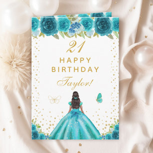 Teal Floral Dark Skin Girl Happy Birthday Card
