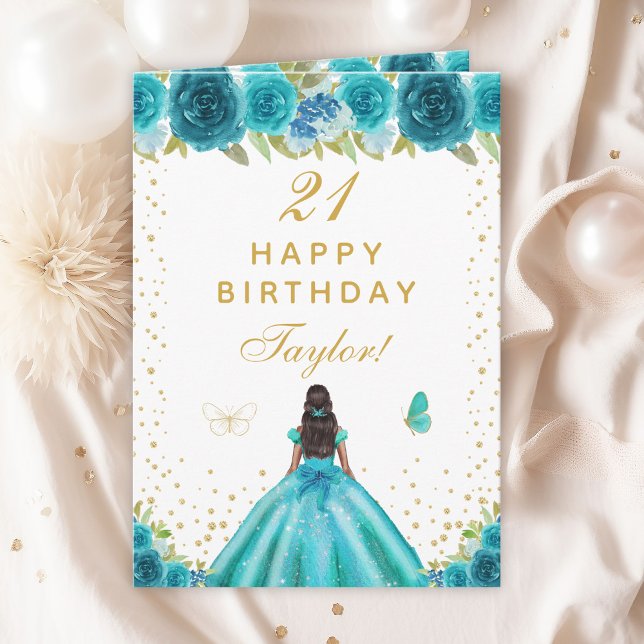 Teal Floral Dark Skin Girl Happy Birthday Card (Creator Uploaded)