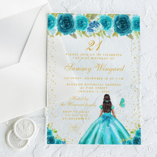 Teal Floral Dark Skin Princess Birthday Party Acrylic Invitations