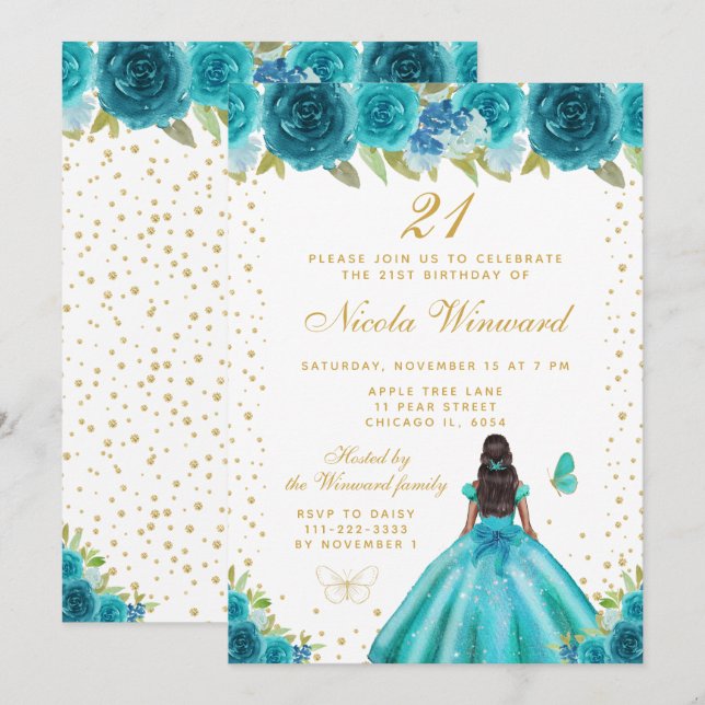 Teal Floral Dark Skin Princess Birthday Party Invitation (Front/Back)