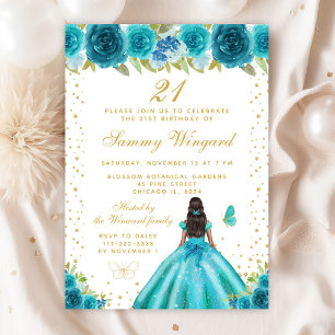 Teal Floral Dark Skin Princess Birthday Party Invitation
