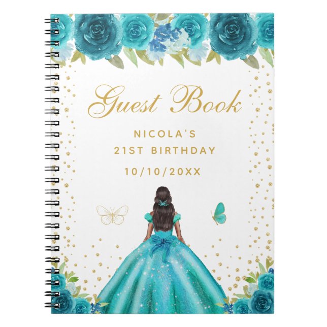 Teal Floral Dark Skin Princess Birthday Party Notebook (Front)