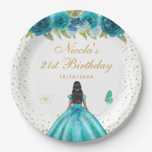 Teal Floral Dark Skin Princess Birthday Party Paper Plate