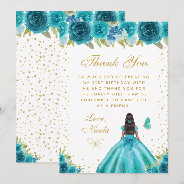 Teal Floral Dark Skin Princess Birthday Party Thank You Card (Front/Back)