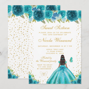 Teal Floral Dark Skin Princess Sweet Sixteen Invitation
