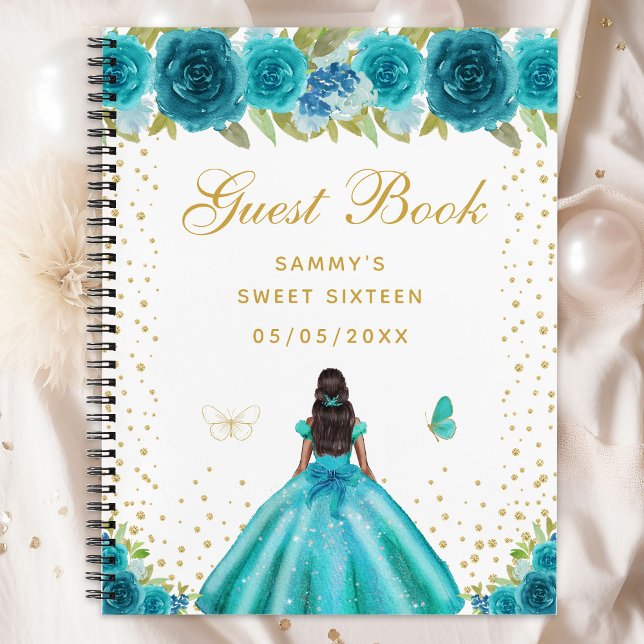 Teal Floral Dark Skin Princess Sweet Sixteen Notebook (Creator Uploaded)