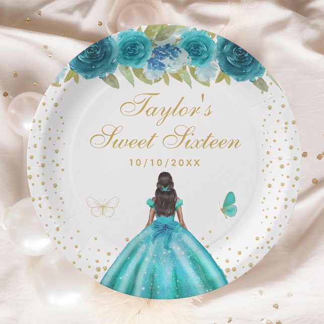 Teal Floral Dark Skin Princess Sweet Sixteen Paper Plate (Creator Uploaded)