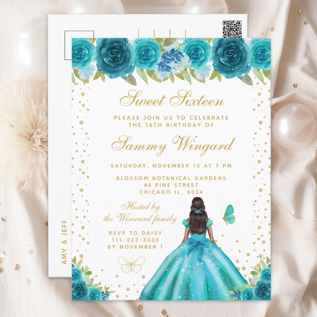 Teal Floral Dark Skin Princess Sweet Sixteen Postcard (Creator Uploaded)