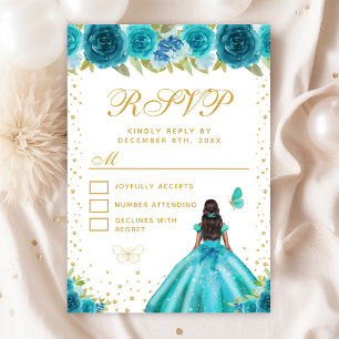 Teal Floral Dark Skin Princess Sweet Sixteen RSVP Card