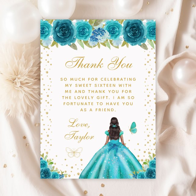 Teal Floral Dark Skin Princess Sweet Sixteen Thank You Card (Creator Uploaded)