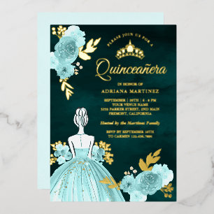 Teal Floral Dress Princess Green Quinceanera Gold