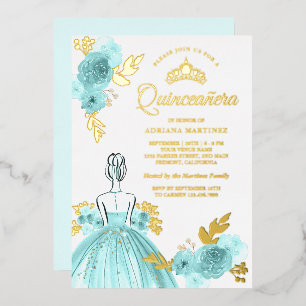 Teal Floral Dress Princess Quinceanera Gold