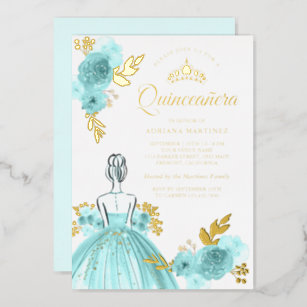 Teal Floral Dress Princess Quinceanera Gold