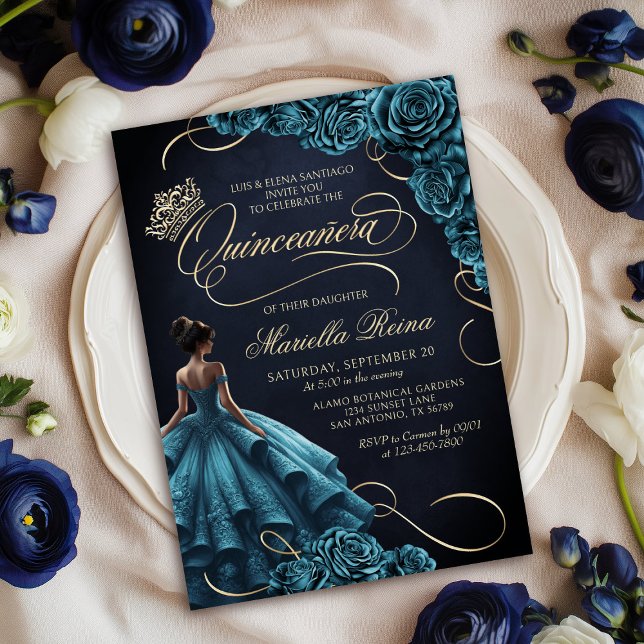 Teal Floral Dress Quinceañera Invitation (Creator Uploaded)