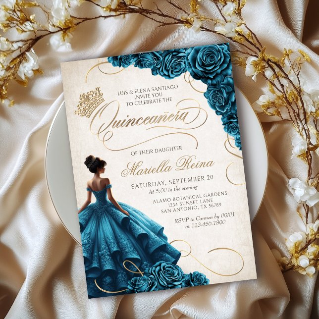 Teal Floral Dress Quinceañera Invitation (Creator Uploaded)