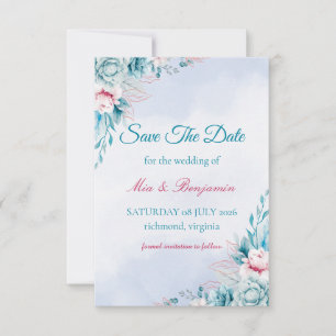 Teal Floral Elegant Save The Date Card