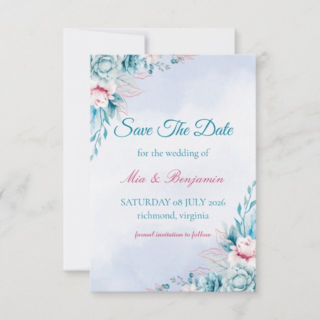 Teal Floral Elegant Save The Date Card (Front)