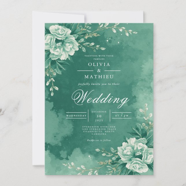 Teal Floral Flourish Wedding Invitation (Front)