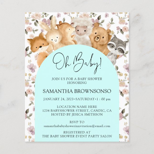 Teal Floral Forest Animals Oh Baby Shower Budget Flyer (Front)