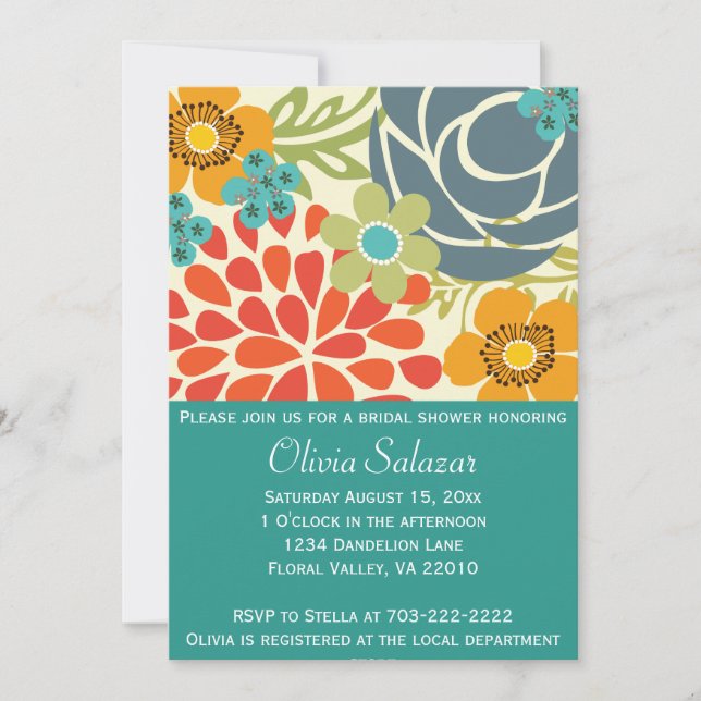 Teal Floral Garden Bridal Shower Invitation (Front)