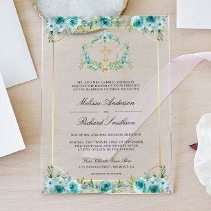 Teal Floral Gold Catholic Cross Wedding Acrylic Invitations