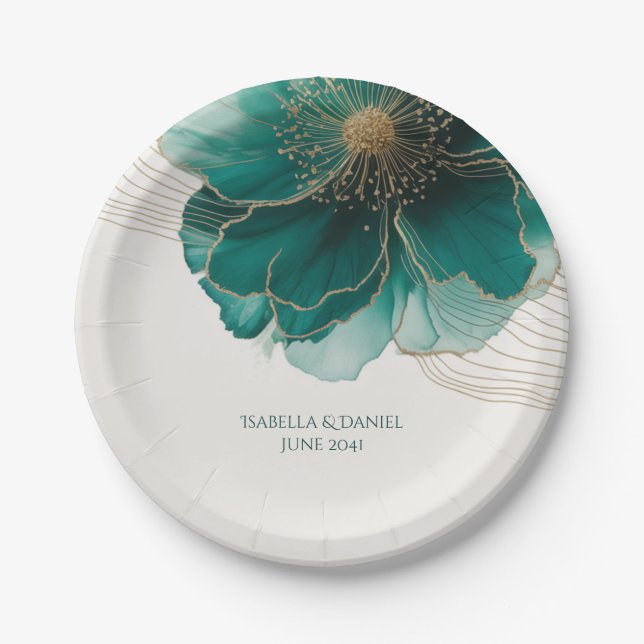 Teal Floral Gold Wedding Paper Plate (Front)