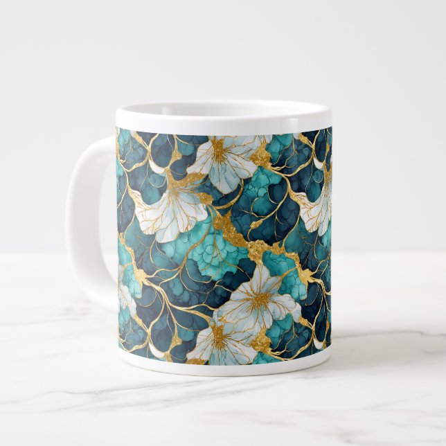 Teal Floral Japanese Gold Large Coffee Mug (Front Left)